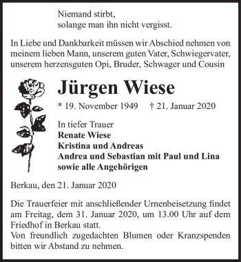 Traueranzeige von Jürgen Wiese  von Magdeburger Volksstimme