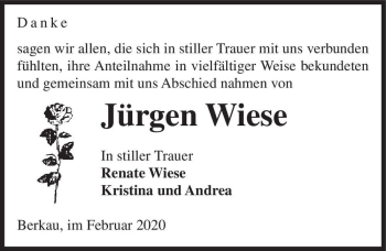 Traueranzeige von Jürgen Wiese  von Magdeburger Volksstimme