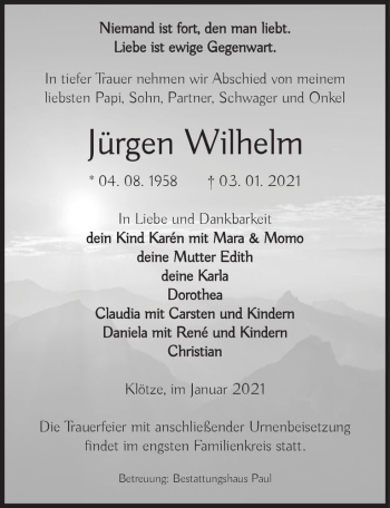 Traueranzeige von Jürgen Wilhelm  von Magdeburger Volksstimme