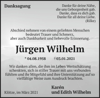Traueranzeige von Jürgen Wilhelm  von Magdeburger Volksstimme