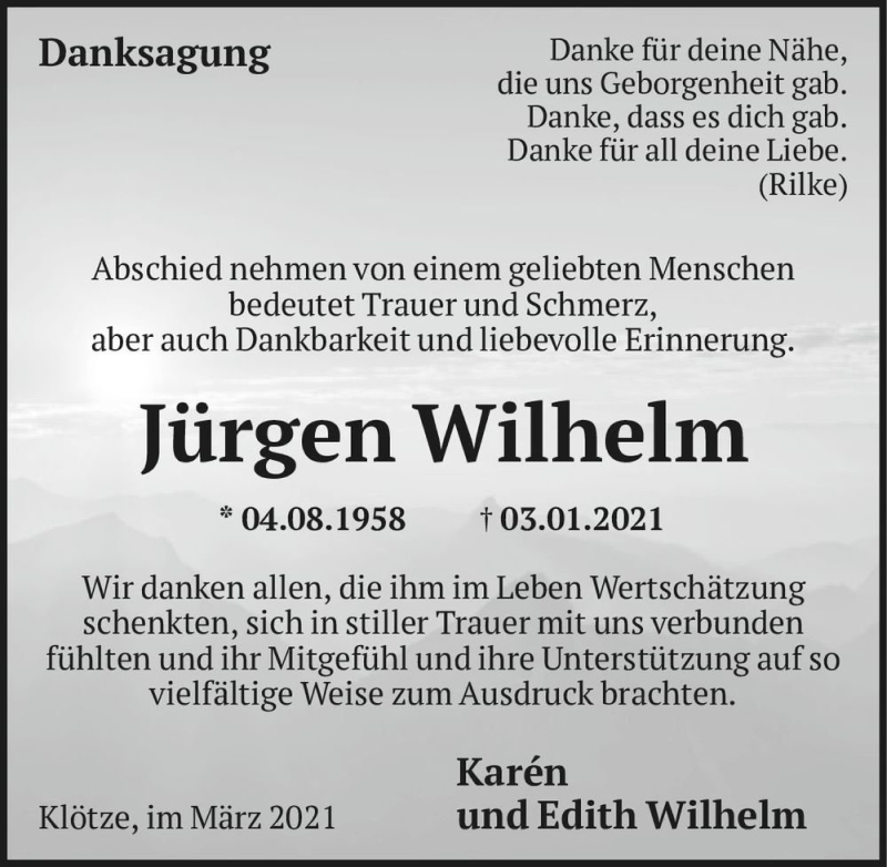  Traueranzeige für Jürgen Wilhelm  vom 12.03.2021 aus Magdeburger Volksstimme