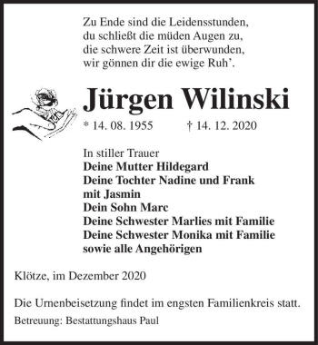 Traueranzeige von Jürgen Wilinski  von Magdeburger Volksstimme