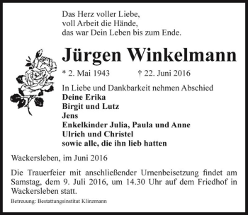 Traueranzeige von Jürgen Winkelmann  von Magdeburger Volksstimme