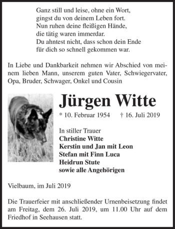 Traueranzeige von Jürgen Witte  von Magdeburger Volksstimme