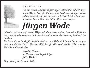 Traueranzeige von Jürgen Wode  von Magdeburger Volksstimme