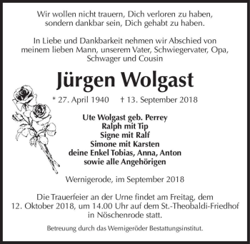 Traueranzeige von Jürgen Wolgast  von Magdeburger Volksstimme