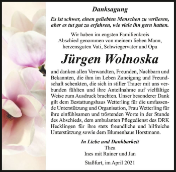 Traueranzeige von Jürgen Wolnoska  von Magdeburger Volksstimme