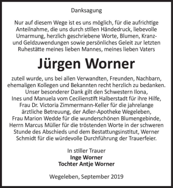 Traueranzeige von Jürgen Worner  von Magdeburger Volksstimme