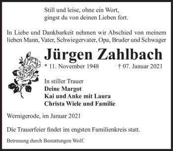 Traueranzeige von Jürgen Zahlbach  von Magdeburger Volksstimme