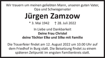 Traueranzeige von Jürgen Zamzow  von Magdeburger Volksstimme