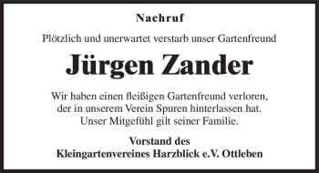 Traueranzeige von Jürgen Zander  von Magdeburger Volksstimme