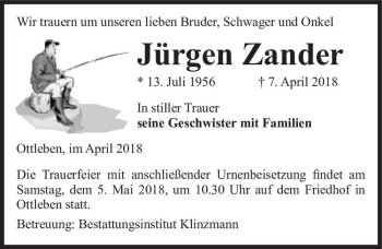 Traueranzeige von Jürgen Zander  von Magdeburger Volksstimme