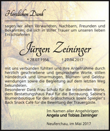 Traueranzeige von Jürgen Zeininger  von Magdeburger Volksstimme