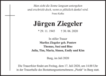 Traueranzeige von Jürgen Ziegeler  von Magdeburger Volksstimme