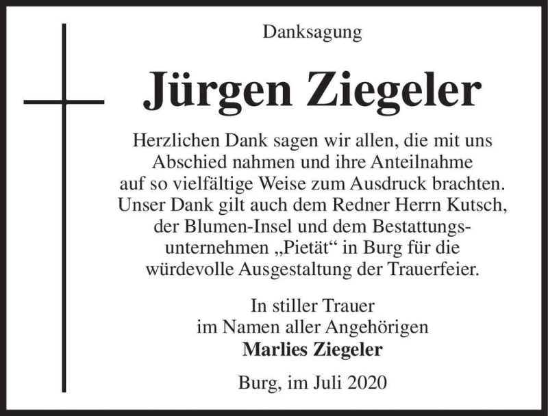  Traueranzeige für Jürgen Ziegeler  vom 25.07.2020 aus Magdeburger Volksstimme
