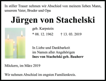Traueranzeige von Jürgen von Stachelski  von Magdeburger Volksstimme