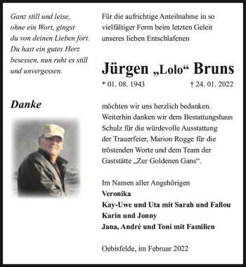Traueranzeige von Jürgen „Lolo“ Bruns  von Magdeburger Volksstimme