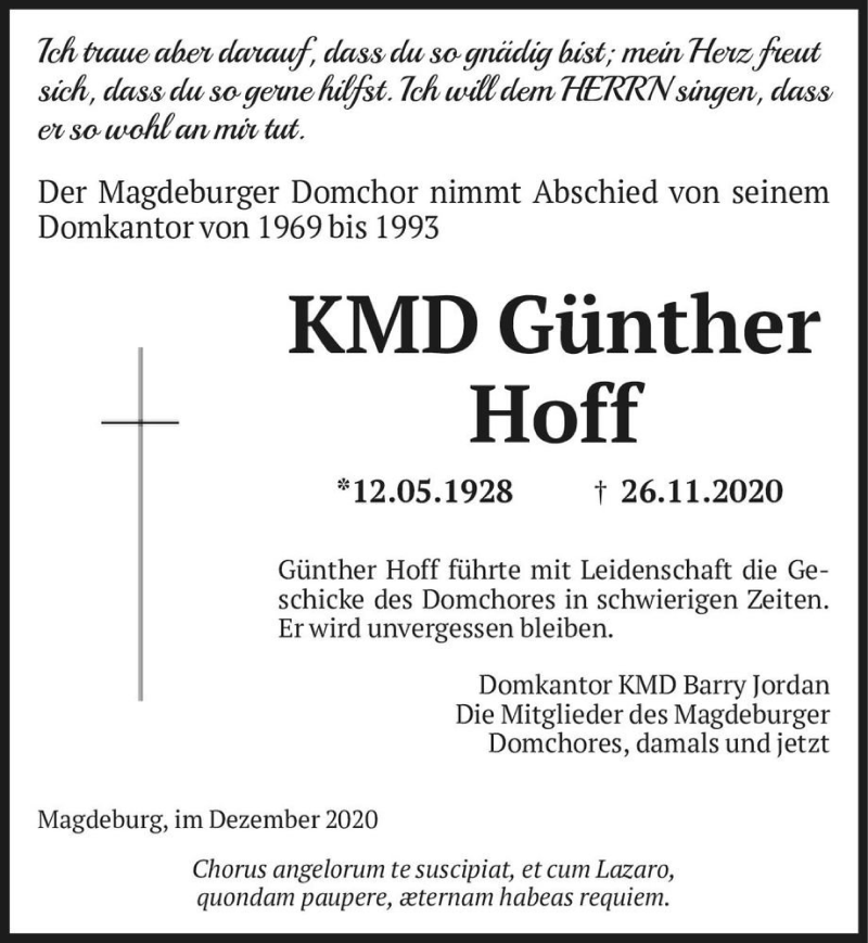  Traueranzeige für KMD Günther Hoff  vom 04.12.2020 aus Magdeburger Volksstimme