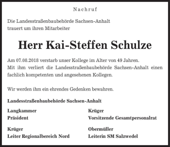 Traueranzeige von Kai-Steffen Schulze  von Magdeburger Volksstimme