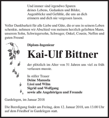 Traueranzeige von Kai-Ulf Bittner  von Magdeburger Volksstimme