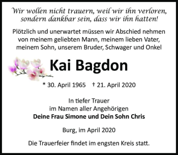 Traueranzeige von Kai Bagdon  von Magdeburger Volksstimme