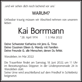 Traueranzeige von Kai Borrmann  von Magdeburger Volksstimme