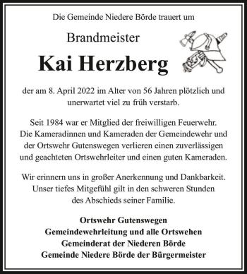 Traueranzeige von Kai Herzberg  von Magdeburger Volksstimme