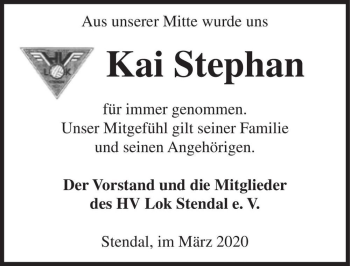 Traueranzeige von Kai Stephan  von Magdeburger Volksstimme