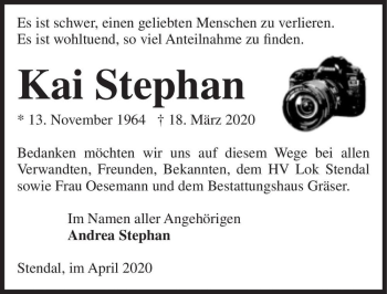 Traueranzeige von Kai Stephan  von Magdeburger Volksstimme