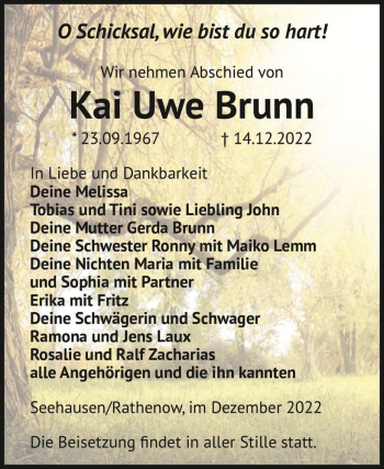Traueranzeige von Kai Uwe Brunn  von Magdeburger Volksstimme