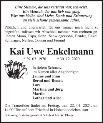 Traueranzeige von Kai Uwe Enkelmann  von Magdeburger Volksstimme