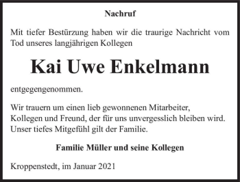 Traueranzeige von Kai Uwe Enkelmann  von Magdeburger Volksstimme