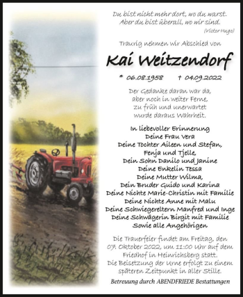 Traueranzeige von Kai Weitzendorf  von Magdeburger Volksstimme