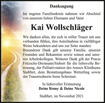 Traueranzeige von Kai Wollschläger  von Magdeburger Volksstimme