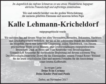 Traueranzeige von Kalle Lehmann-Kricheldorf  von Magdeburger Volksstimme
