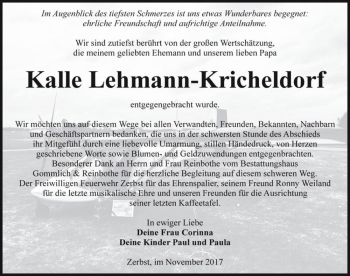 Traueranzeige von Kalle Lehmann-Kricheldorf  von Magdeburger Volksstimme