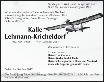 Traueranzeige von Kalle Lehmann-Kricheldorf  von Magdeburger Volksstimme