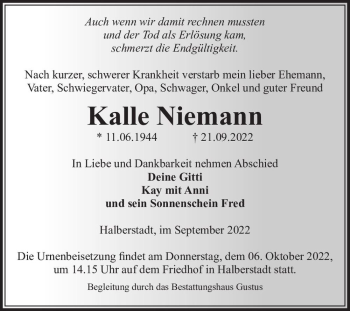 Traueranzeige von Kalle Niemann  von Magdeburger Volksstimme