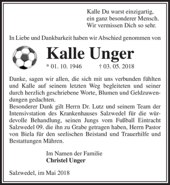 Traueranzeige von Kalle Unger  von Magdeburger Volksstimme