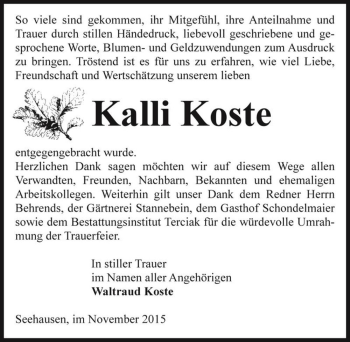 Traueranzeige von Kalli Koste  von Magdeburger Volksstimme