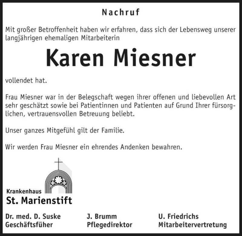  Traueranzeige für Karen Miesner  vom 13.01.2016 aus Magdeburger Volksstimme