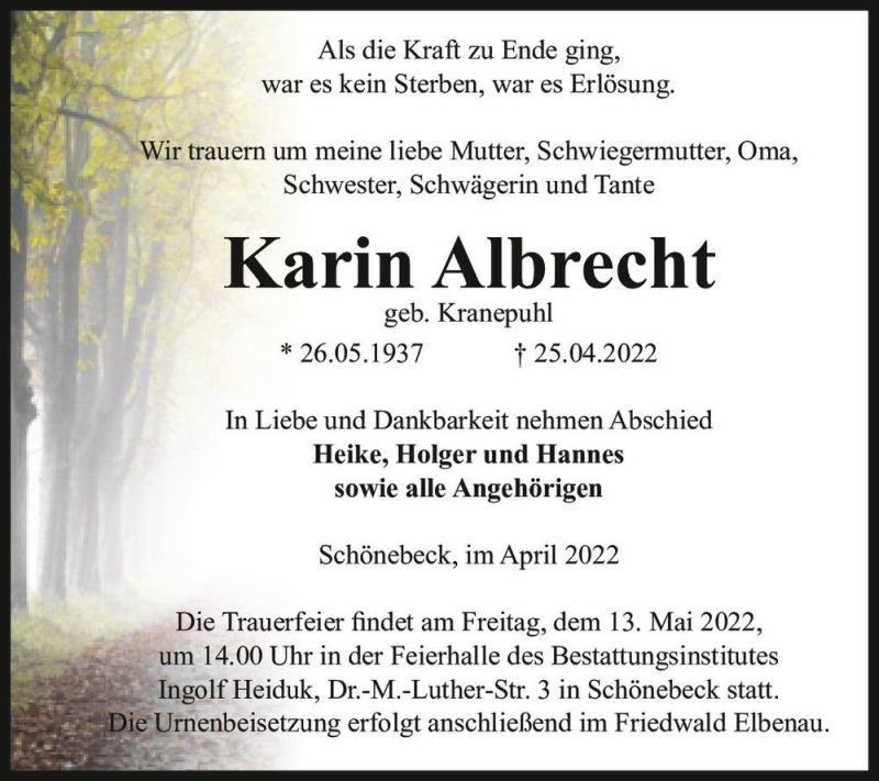  Traueranzeige für Karin Albrecht (geb. Kranepuhl)  vom 30.04.2022 aus Magdeburger Volksstimme