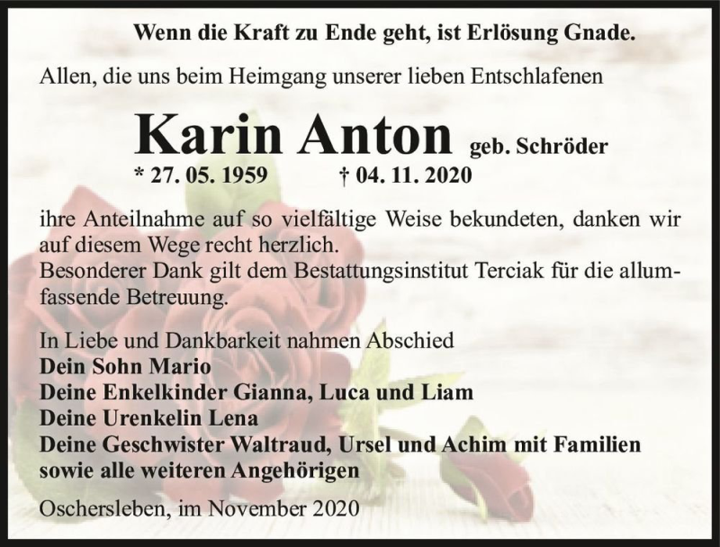  Traueranzeige für Karin Anton (geb. Schröder)  vom 28.11.2020 aus Magdeburger Volksstimme