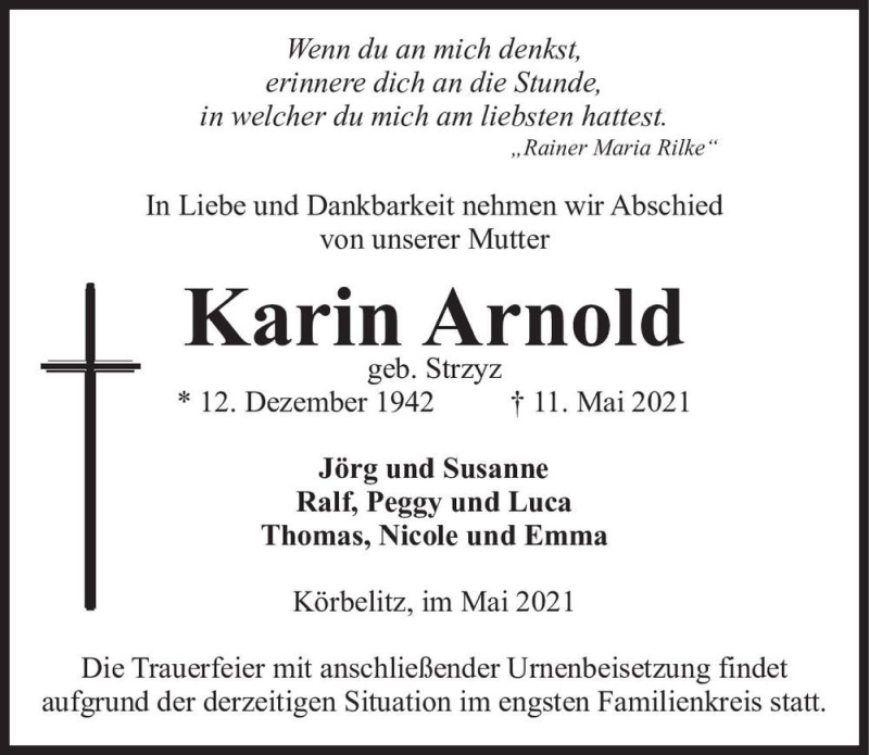  Traueranzeige für Karin Arnold (geb. Strzyz)  vom 05.06.2021 aus Magdeburger Volksstimme