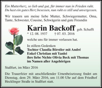 Traueranzeige von Karin Backoff (geb. Schufft)  von Magdeburger Volksstimme