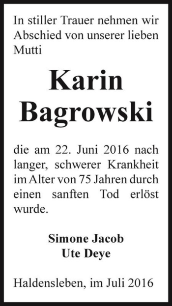Traueranzeige von Karin Bagrowski  von Magdeburger Volksstimme