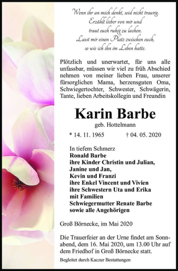 Traueranzeige von Karin Barbe (geb. Hottelmann)  von Magdeburger Volksstimme