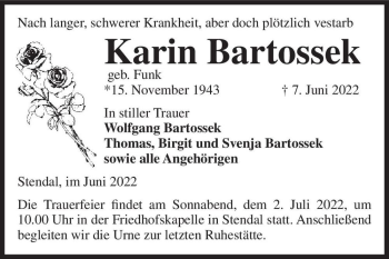 Traueranzeige von Karin Bartossek (geb. Funk)  von Magdeburger Volksstimme