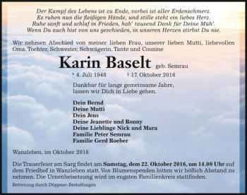 Traueranzeige von Karin Baselt (geb. Semrau)  von Magdeburger Volksstimme