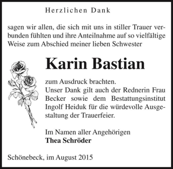Traueranzeige von Karin Bastian  von Magdeburger Volksstimme
